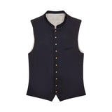 Black vest with button details on a white background