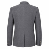 A gray textured blazer shown from the back, featuring a central seam, notched lapels, and button details on the cuffs, set against a plain white background.