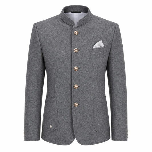 A men's gray textured blazer with a mandarin collar, decorative gold-tone buttons, a white pocket square, and flap pockets, shown on a plain white background.