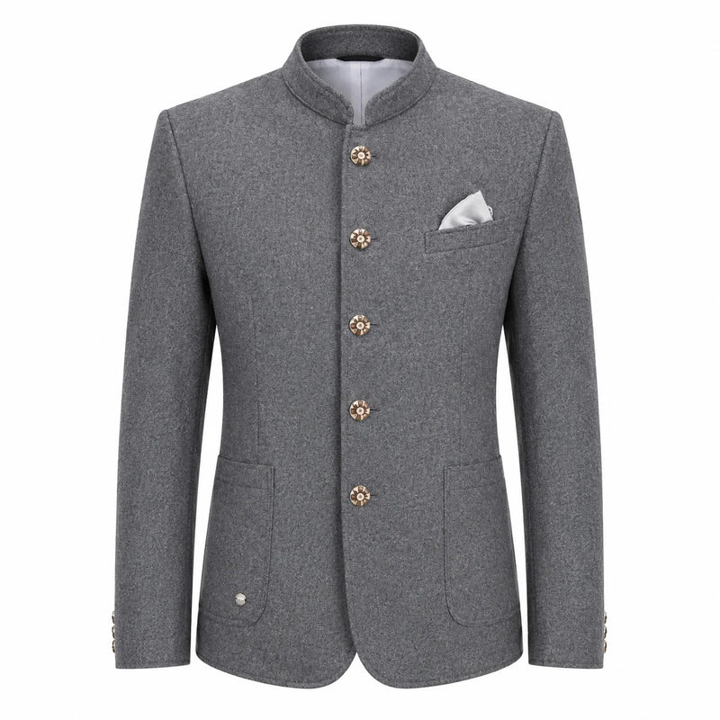 A men's gray textured blazer with a mandarin collar, decorative gold-tone buttons, a white pocket square, and flap pockets, shown on a plain white background.