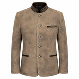 A men's traditional-style jacket in a textured taupe-brown fabric, featuring a mandarin collar with dark brown embroidered detailing, a front button closure, and a decorative embroidered pocket on the chest.