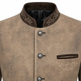 A close-up of a men's traditional jacket featuring a textured taupe-brown body, dark brown mandarin collar with floral embroidery, decorative metal snap buttons, and a matching dark brown welt pocket on the chest.