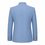A light blue textured blazer shown from the back, featuring a high collar, structured shoulders, and three gold buttons on each cuff, set against a plain white background.
