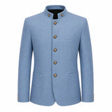 A men's light blue wool-blend jacket with a mandarin collar, five decorative gold-tone buttons, and front flap pockets, shown on a plain white background.
