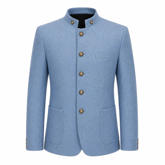 A men's light blue wool-blend jacket with a mandarin collar, five decorative gold-tone buttons, and front flap pockets, shown on a plain white background.