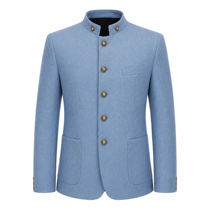 A men's light blue wool-blend jacket with a mandarin collar, five decorative gold-tone buttons, and front flap pockets, shown on a plain white background.
