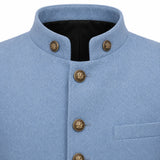 Close-up of a light blue wool-blend jacket with a mandarin collar, bronze decorative buttons, and a black inner lining.