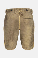 Brown denim shorts with a drawstring on a white background