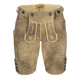 Brown leather shorts with decorative stitching on a white background