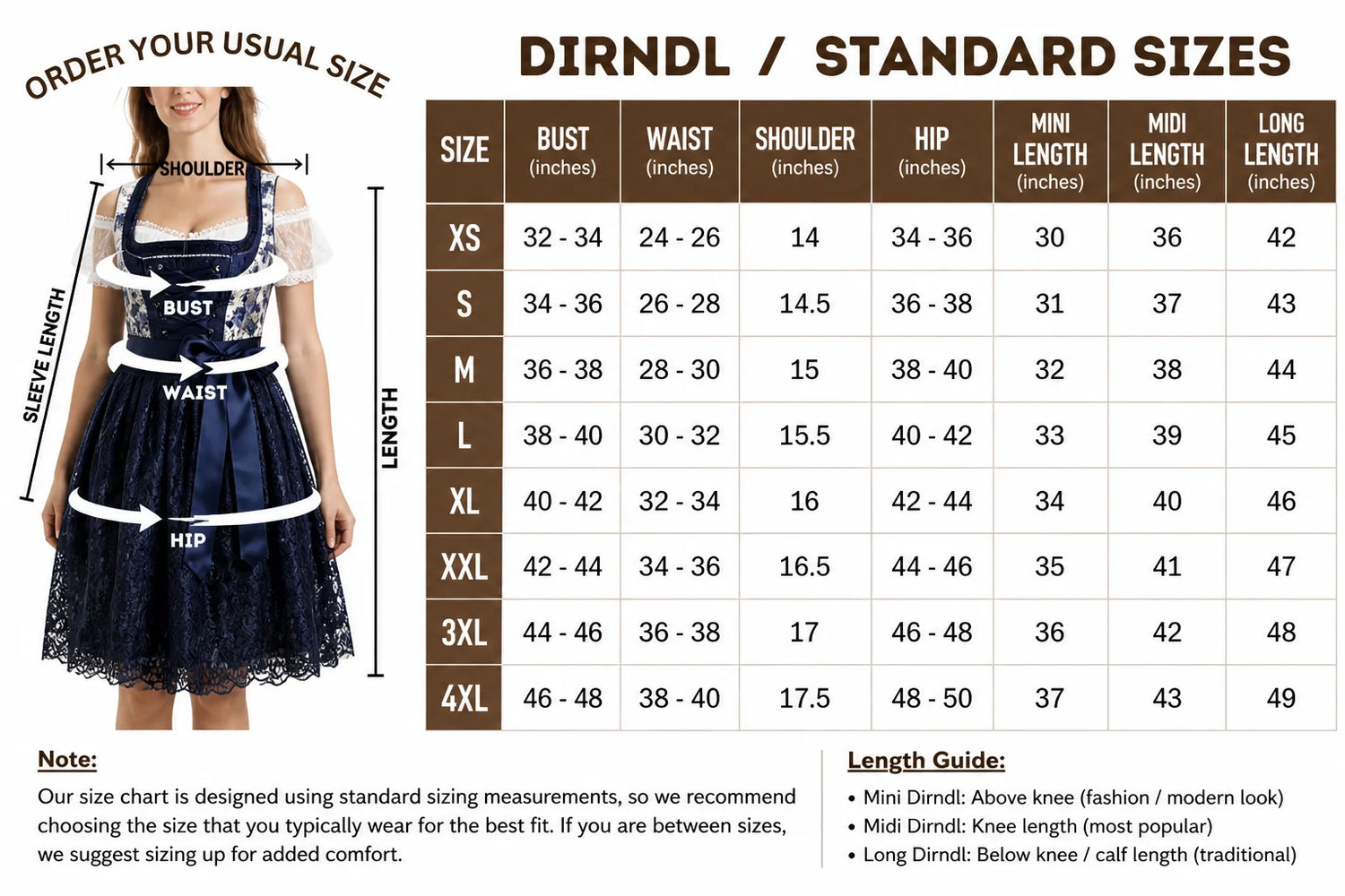 dirndl size chart oktoberfest outfits