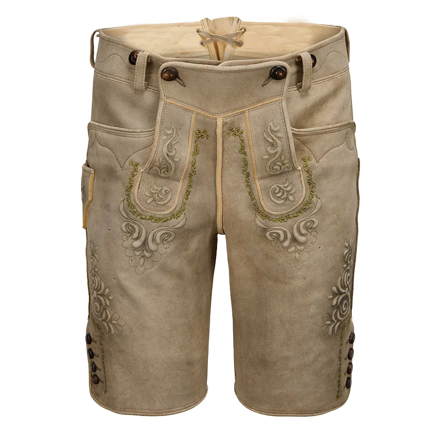 Traditional leather shorts with embroidery on a white background