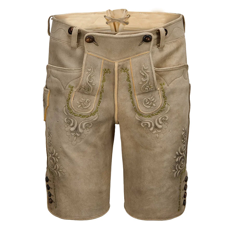 Traditional leather shorts with embroidery on a white background