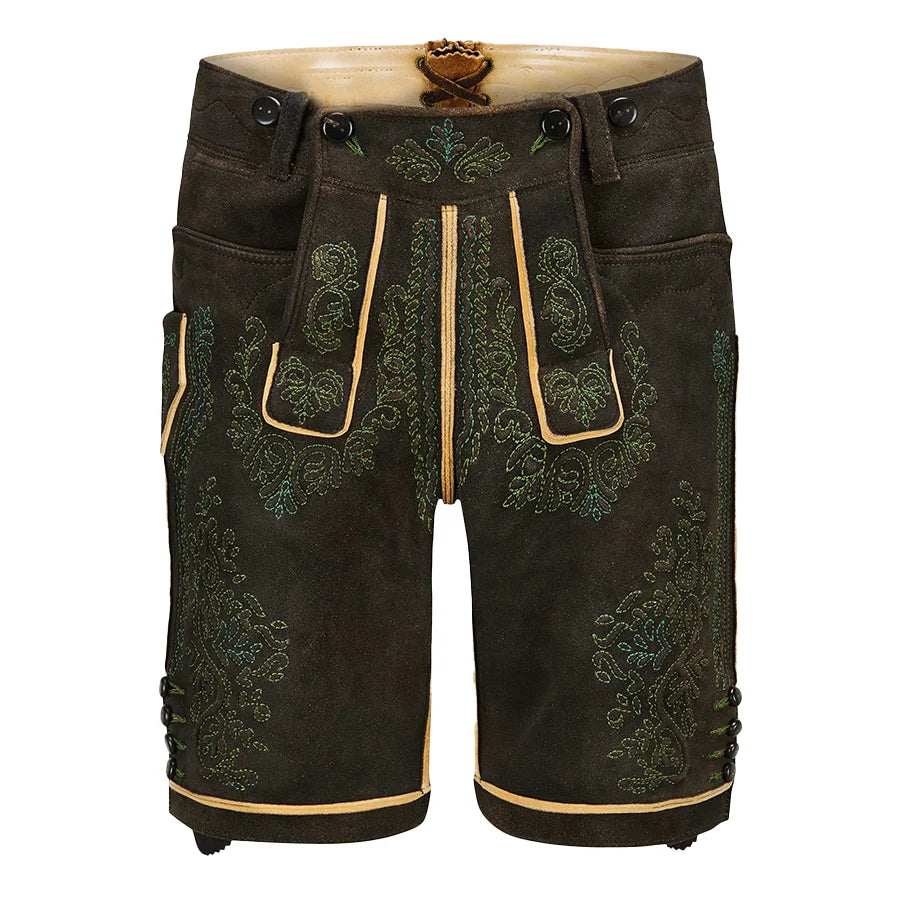 Traditional black lederhosen with green embroidery on a white background
