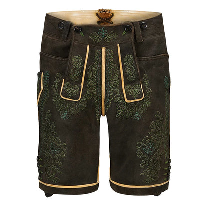 Traditional black lederhosen with green embroidery on a white background