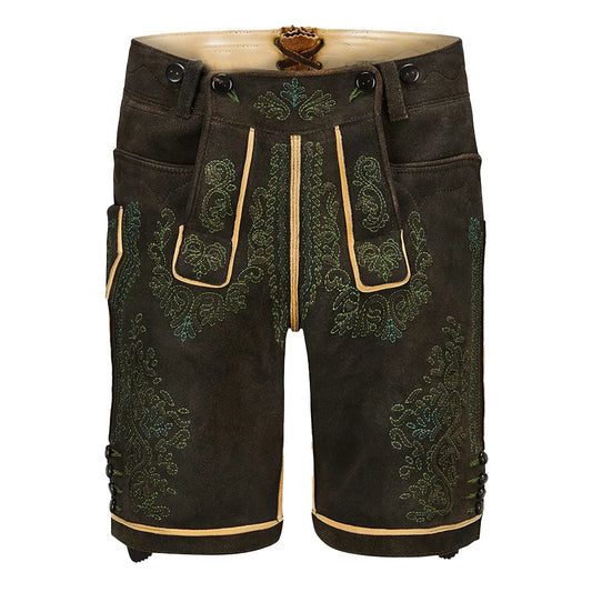Traditional black lederhosen with green embroidery on a white background