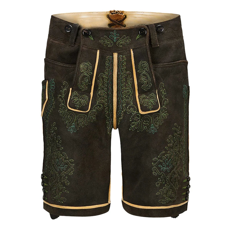 Traditional black lederhosen with green embroidery on a white background
