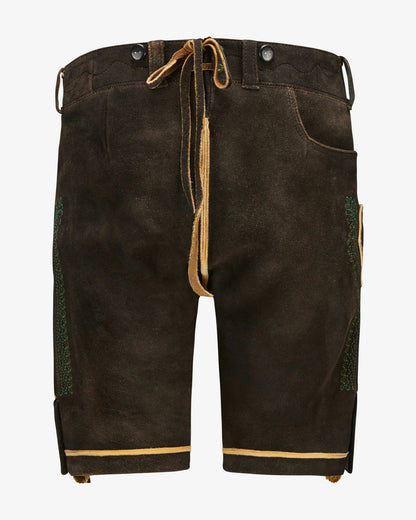 Brown leather shorts with drawstring on a white background