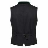 Black men's waistcoat vest with a dark green velvet collar and a matching tie belt at the back, shown on a plain white background.
