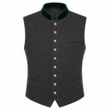 A dark gray wool felt vest with a dark green velvet collar and silver-tone buttons, shown on a plain white background.