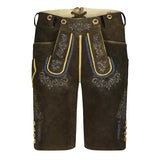 Brown leather shorts with decorative stitching on a white background