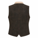 A dark brown suede vest shown from the back, featuring a central seam and a light beige inner collar lining, displayed on a clean white background.
