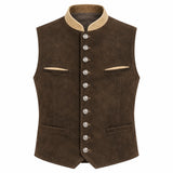 A dark brown suede vest with a beige collar and silver-tone decorative buttons, shown against a plain white background.