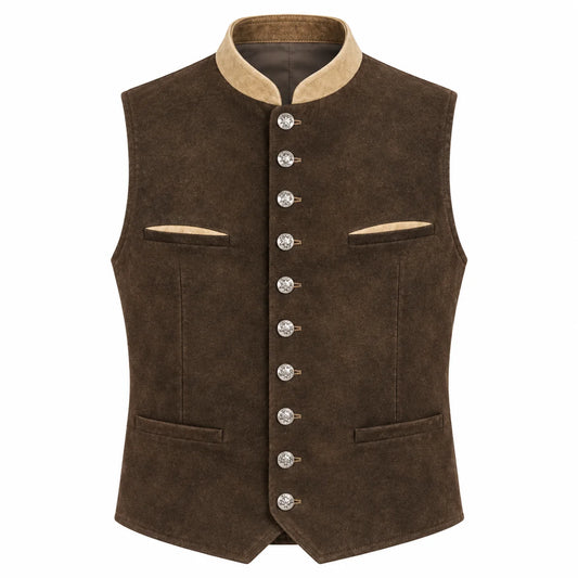 A dark brown suede vest with a beige collar and silver-tone decorative buttons, shown against a plain white background.