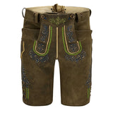 Brown leather shorts with decorative stitching on a white background