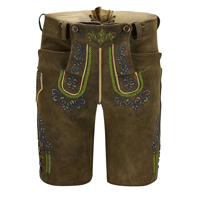 Brown leather shorts with decorative stitching on a white background