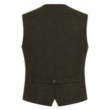 A dark olive green wool vest shown from the back, featuring a single button closure at the waist, photographed against a solid white background.