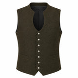 An olive green wool vest with a split neckline, silver-tone buttons, and welt pockets, shown on a plain white background.