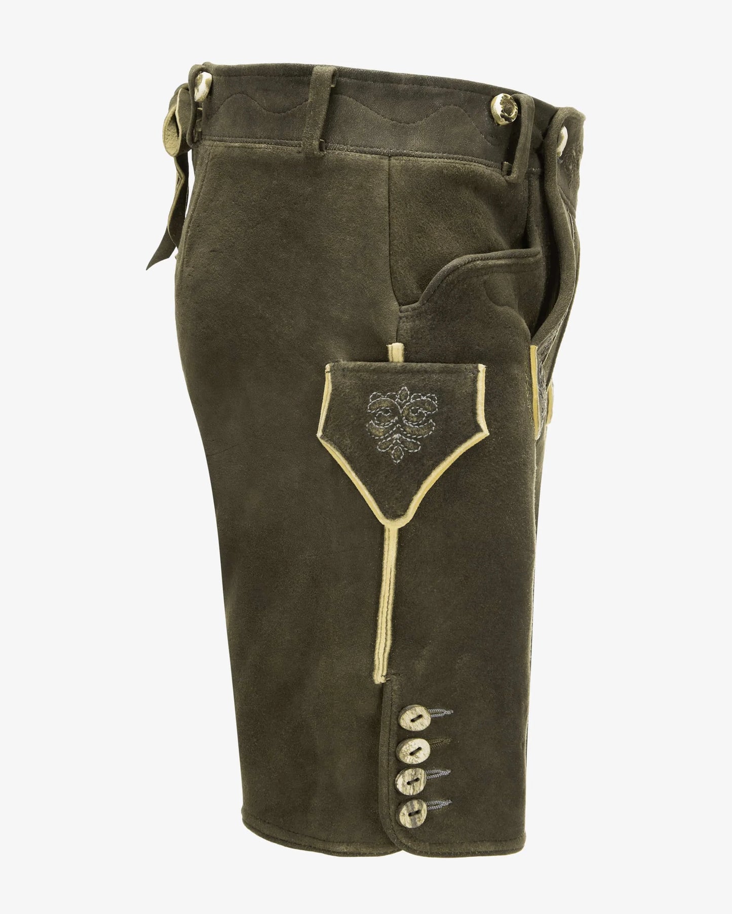 Brown leather shorts with decorative stitching on a white background