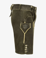 Brown leather shorts with decorative stitching on a white background