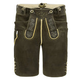 Brown leather shorts with decorative stitching on a white background