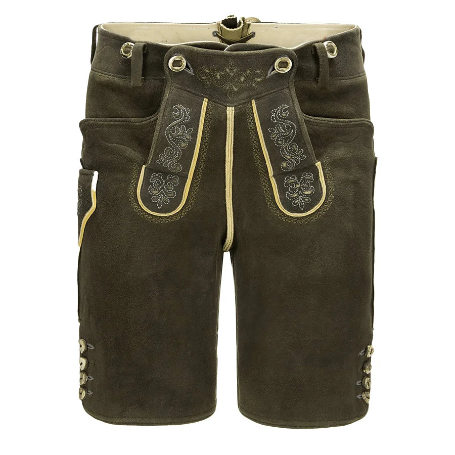 Brown leather shorts with decorative stitching on a white background