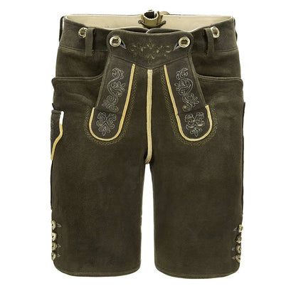 Brown leather shorts with decorative stitching on a white background