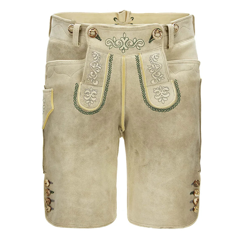 Beige leather shorts with decorative stitching on a white background