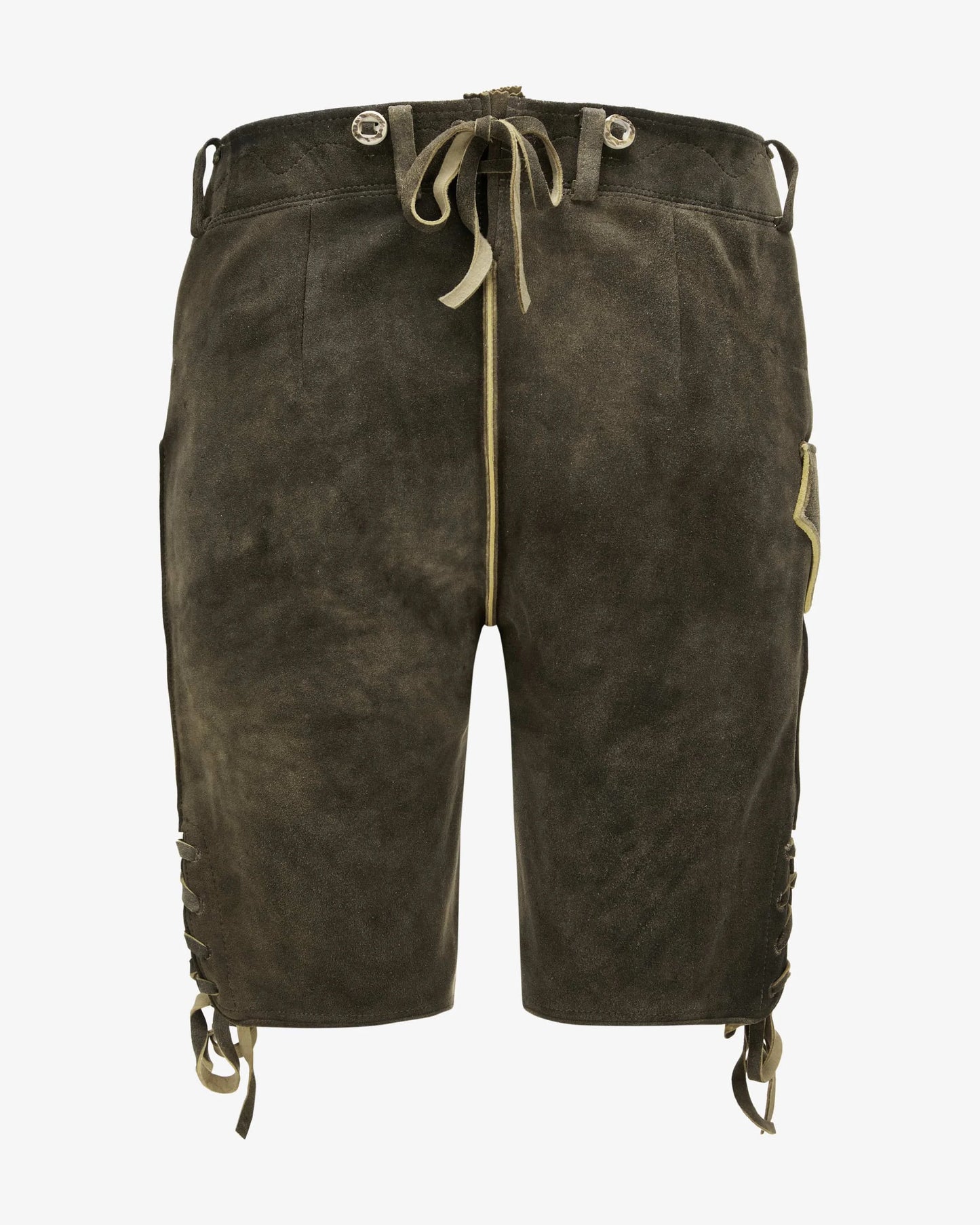 Brown leather shorts with drawstring on a white background