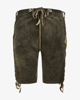 Brown leather shorts with drawstring on a white background