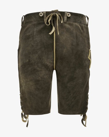 Brown leather shorts with drawstring on a white background