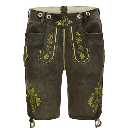 Brown leather shorts with green embroidery on a white background