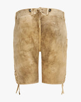 Beige leather shorts with drawstring on a white background