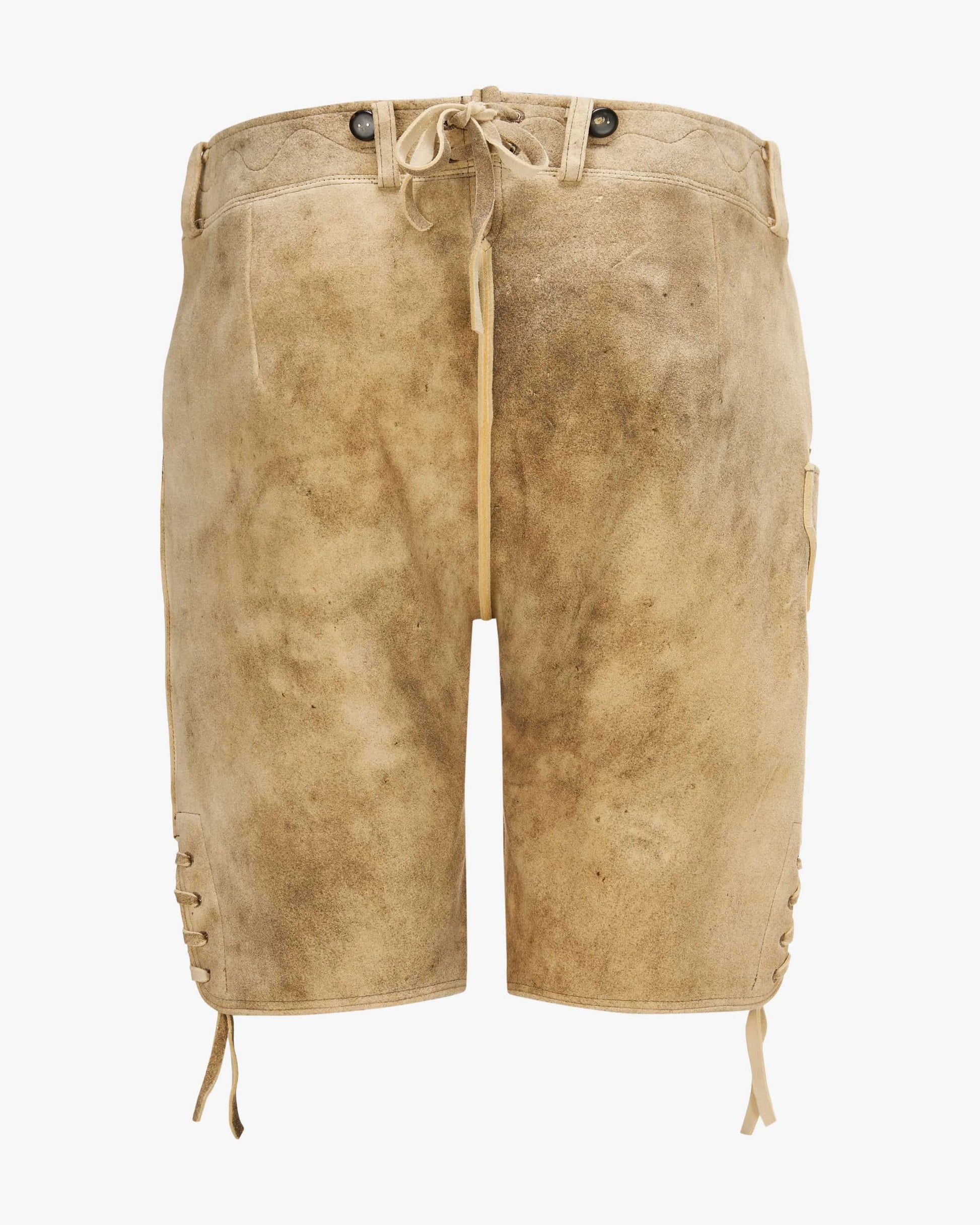 Beige leather shorts with drawstring on a white background