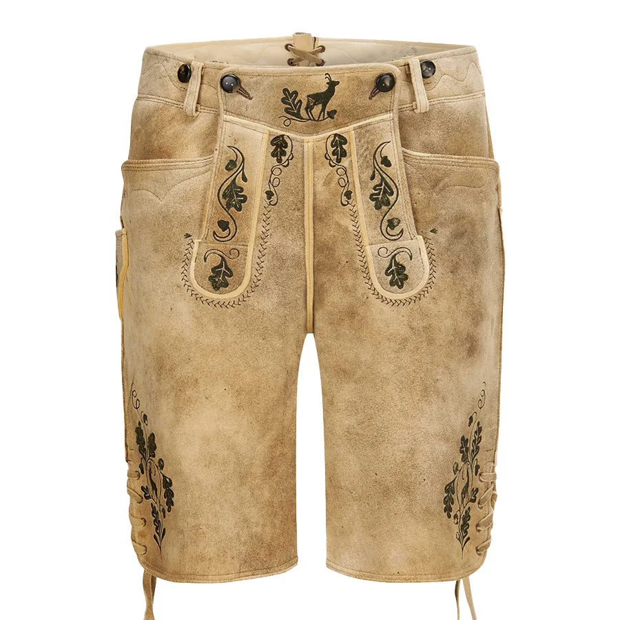 Beige leather shorts with black embroidery on a white background