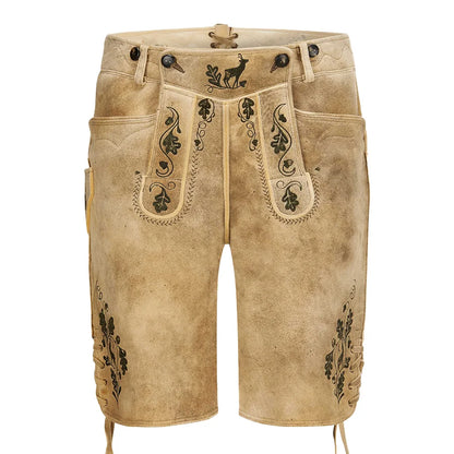 Beige leather shorts with black embroidery on a white background