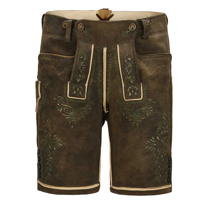 Brown leather shorts with decorative stitching on a white background