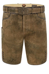Brown leather shorts with a belt and decorative buckle on a white background