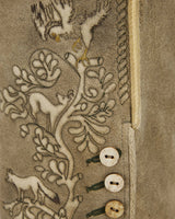 Close-up of a textured surface with animal designs and buttons.