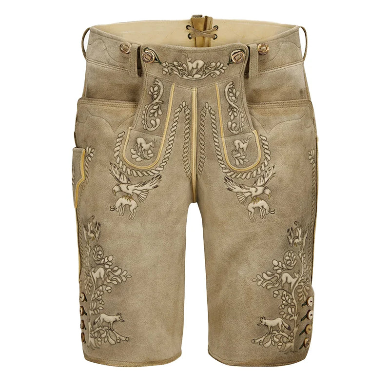 Traditional brown lederhosen with intricate embroidery on a white background