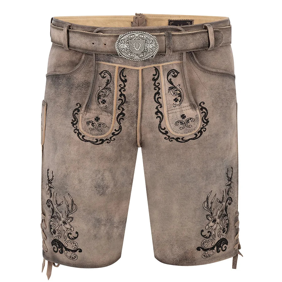 Traditional brown leather shorts with embroidery and a belt on a white background